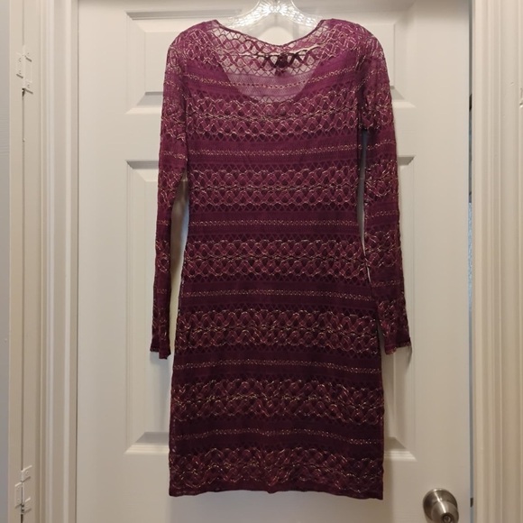 Guess Purple & Gold Lace Cocktail Dress Bodycon Shimmer Metallic Size L - Picture 4 of 6